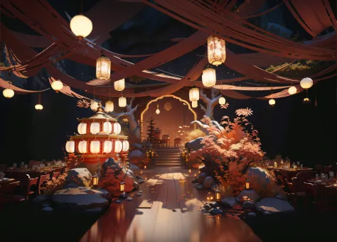 Wedding decoration with red draping and lanterns, dreamy atmosphere and drama, Beautiful rendering of the Tang Dynasty, stunning...