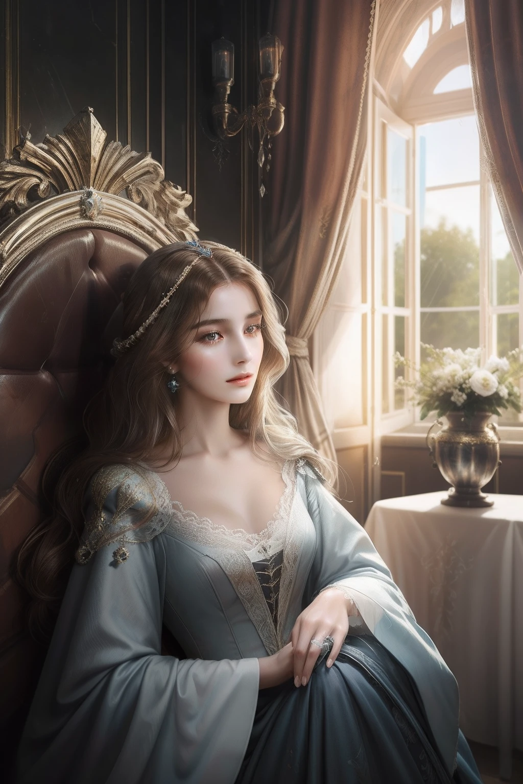 아름다운 중세 프랑스 귀족 부인, 긴 검은 머리, 매혹적인 파란 눈, 풍만한 몸매, 최대의 관능미, 호화로운 침실에서 잠옷을 입고, 물티슈로 몸을 깨끗이 닦으세요
