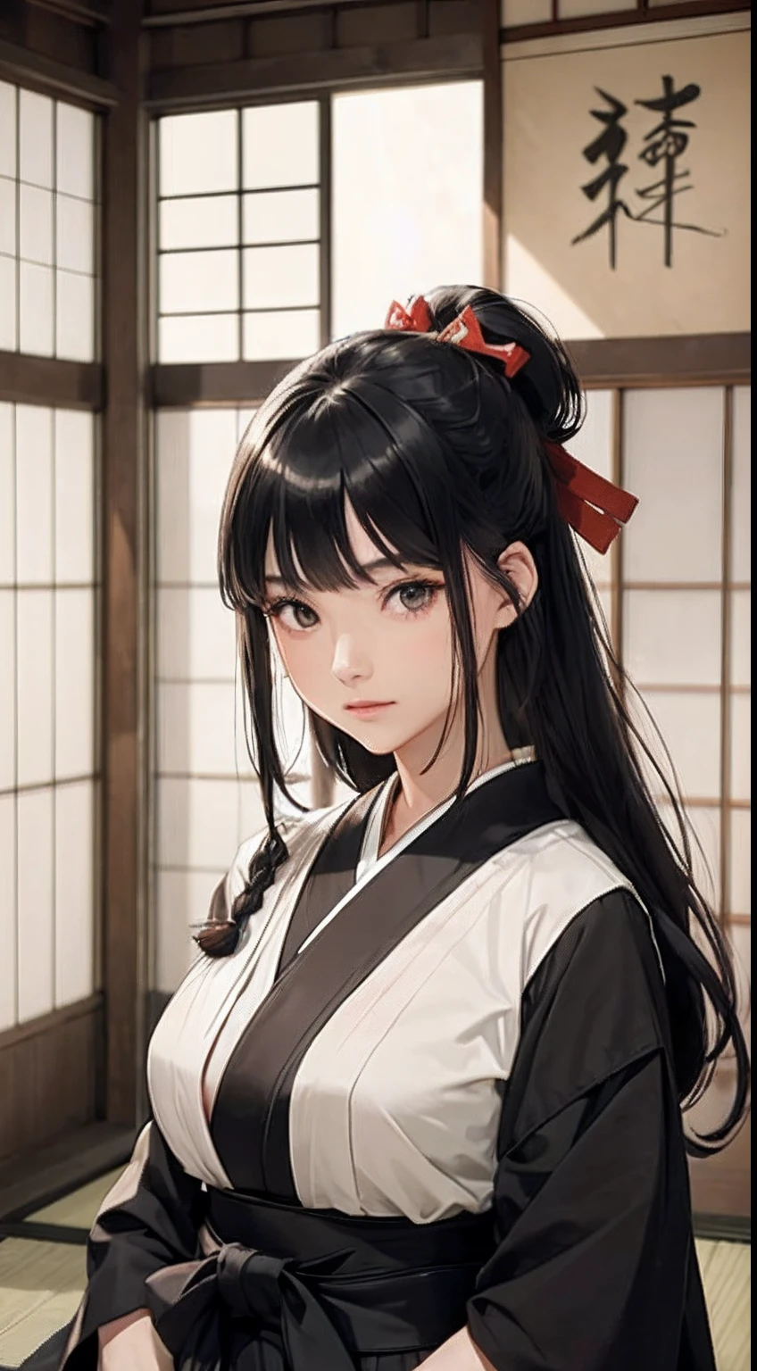 (Woman with Japan long bow:1.4)、1girl in,Black hair fringe long hair、Braided hair、disheveled hair、Light brown eyes、(Extraordinary beauty)、(dignified expression)、(hakama:1.4)、(Big Tits:1.4)、dojo、(Photorealsitic)、(intricate detailes:1.2)、(​masterpiece、:1.3)、(top-quality:1.4)、(超A high resolution:1.2)、超A high resolution、(A detailed eye)、(detailed facial features)
