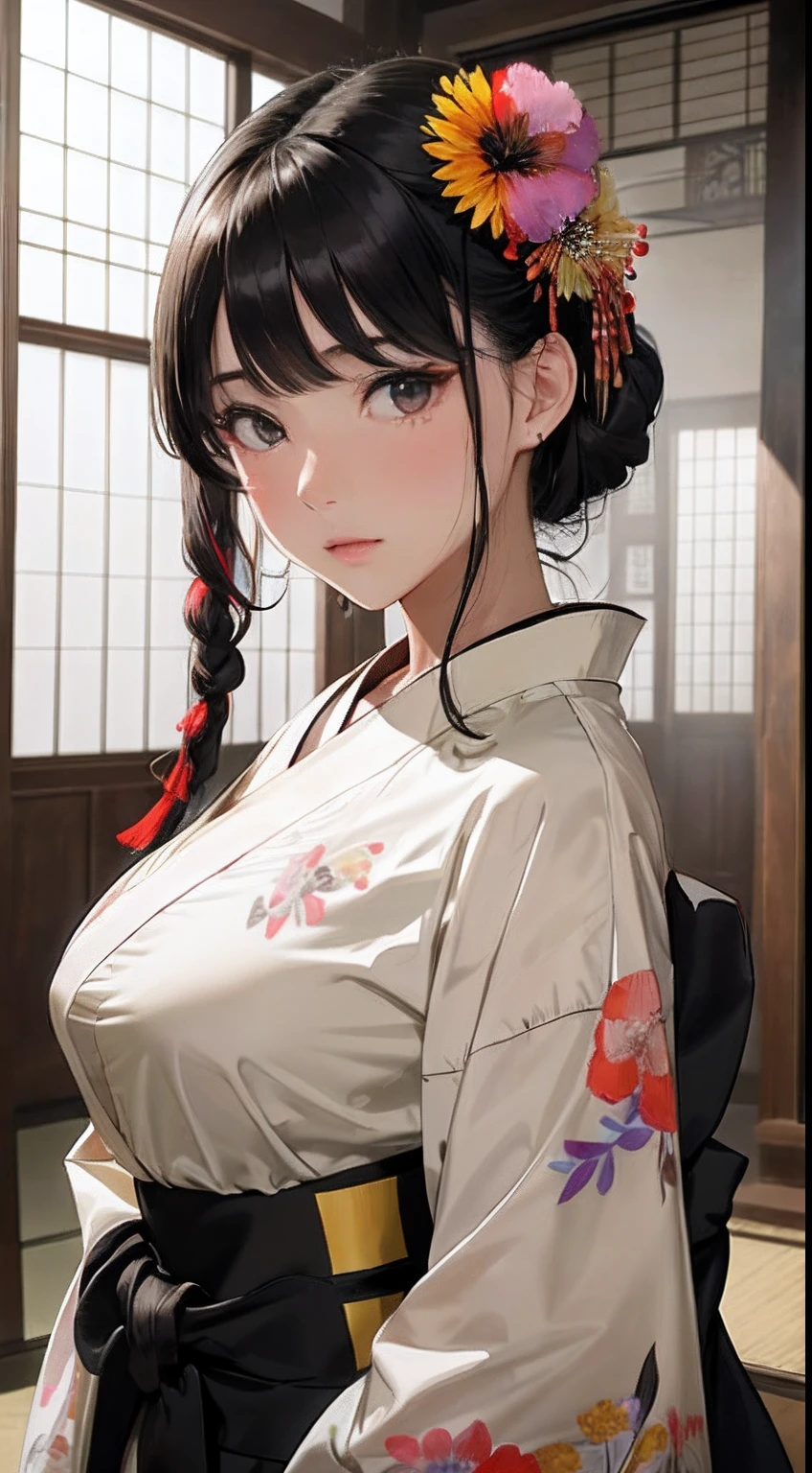 (Oiran:1.4)、1girl in,Black hair fringe long hair、Braided hair、disheveled hair、Light brown eyes、(Extraordinary beauty)、(dignified expression)、(Colorful and glossy flower qui kimono:1.4)、(Big Tits:1.4)、dojo、(Photorealsitic)、(intricate detailes:1.2)、(​masterpiece、:1.3)、(top-quality:1.4)、(超A high resolution:1.2)、超A high resolution、(A detailed eye)、(detailed facial features)
