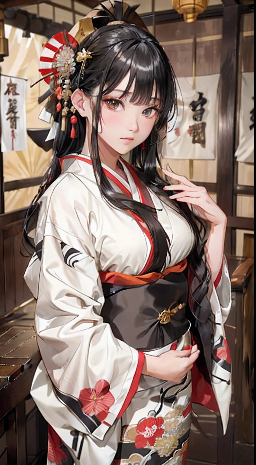 (Oiran:1.4)、1girl in,Black hair fringe long hair、Braided hair、disheveled hair、Light brown eyes、(Extraordinary beauty)、(dignified expression)、(Traditional kimono with colorful and shiny luxury Japan:1.4)、(Big Tits:1.4)、dojo、(Photorealsitic)、(intricate detailes:1.2)、(​masterpiece、:1.3)、(top-quality:1.4)、(超A high resolution:1.2)、超A high resolution、(A detailed eye)、(detailed facial features)、wearing kimono_clothes