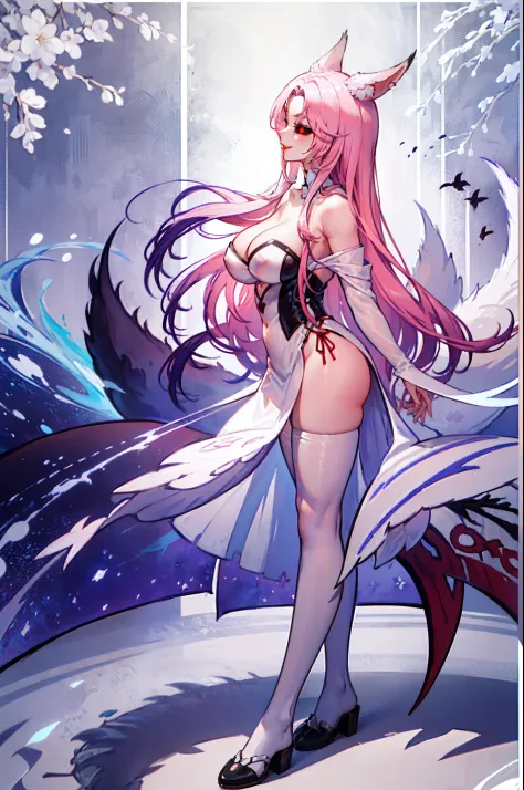 masterpiece, high quality, extremely detailed, 1girl, milf, solo, AkagiV5, huge breasts, pink hair, red eyes, colored sclera, black sclera, very long hair, red lips, fox girl, fox tail, fox ears, kitsune, (mgmoutfit, white pantyhose) , evil smile, arms beh...