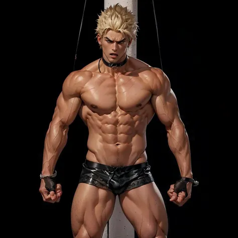 1male people, musculature, (((((nakeness))))), (((Solo))), The, Full body like, Handsome, perfect muscles，Collar, Thigh muscles, ((((Legs are bare from thighs to toes))))), Black background, (((Bust))), short detailed hair, leather panties, mouth opening, ...