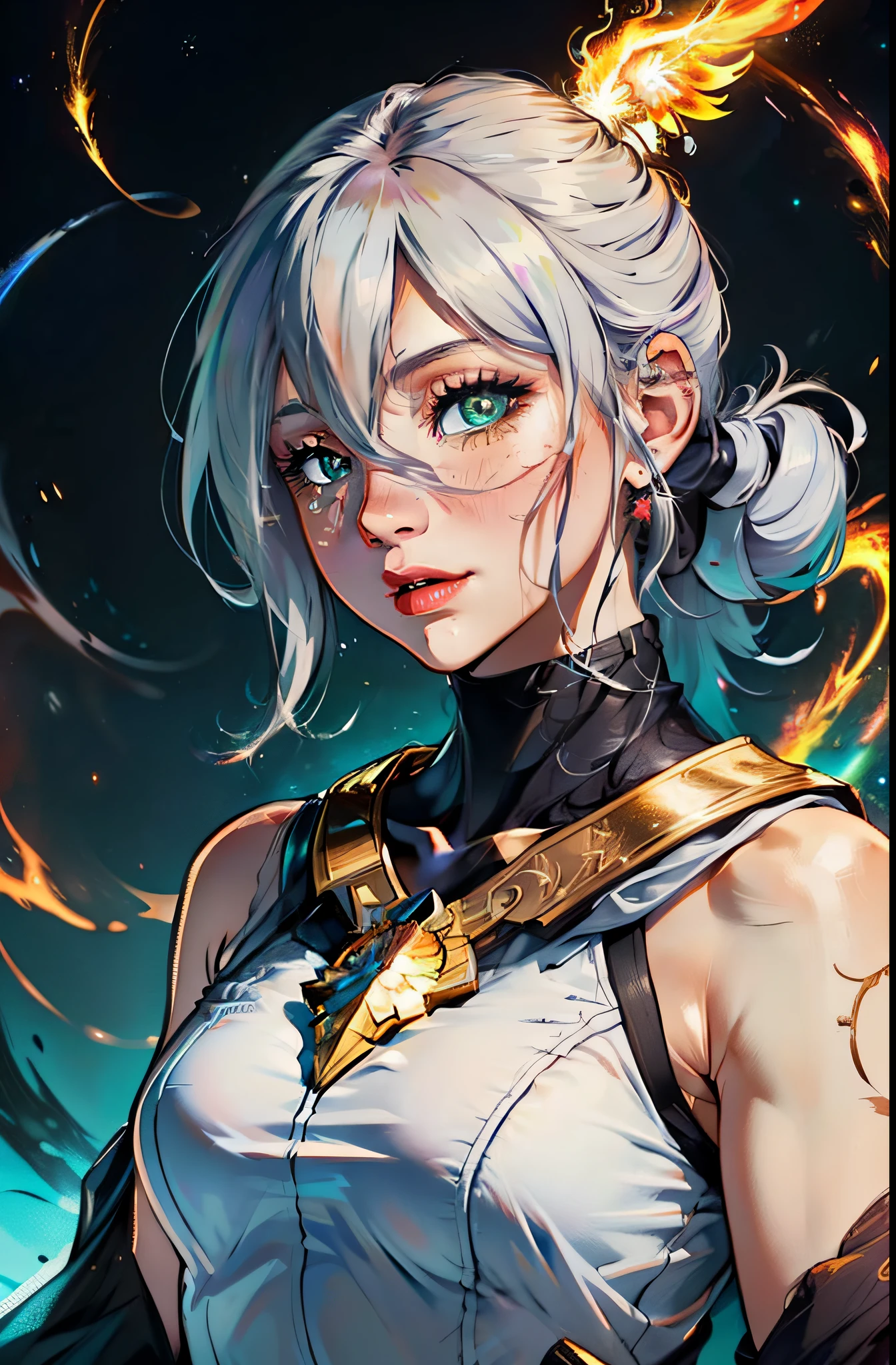 (masterpiece, top quality, best quality, official art, beautiful and aesthetic:1.2), (1girl), extreme detailed eyes, (fractal art:1.3), colorful, highest detailed, (perfect face), shiny skin, HDR, (white cloak golden lines:1.2), galaxy, (light streaks), striking visuals, (dynamic streaks, luminous trails:1.2), vibrant colors, (phoenix), (dragon)