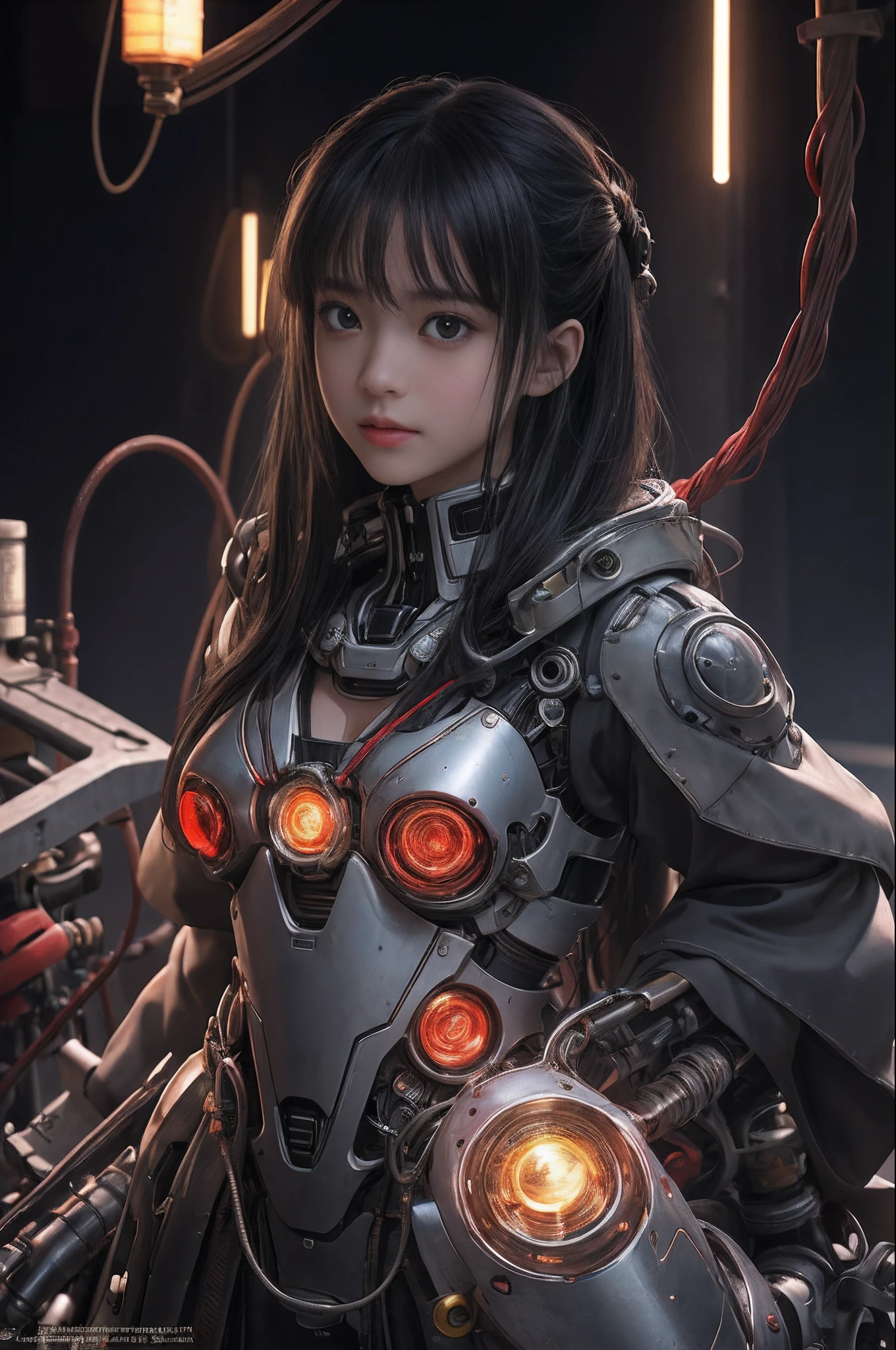 of the highest quality, masutepiece, Ultra High Resolution, (Photorealistic: 1.4), Raw photo, 1 Cyberpunk Girl, Black hair, Glossy skin, 1 Mechanical Girl, (super realistic details)), Full body, Global Illumination, Contrasty, shadowy, Octane Rendering, 8K, ultrasharp, Cleavage exposed, Raw skin, Metal, Intricate decoration details, Japan details, high intricate detailed, Realistic light, Trends in CG, Facing the camera, neon details, Mechanical limbs, blood vessels connected to tubes, Mechanical vertebrae attached to the back, Mechanical cervical attachment to the neck, Wires and cables connecting to the head, Gundam, Small LED lamps.14 years old girl、silber hair、Perfectly round pupils、Tremendous irisﾃﾞｨﾃｰﾙ, light smile, dynamic, dancing, dynamic light