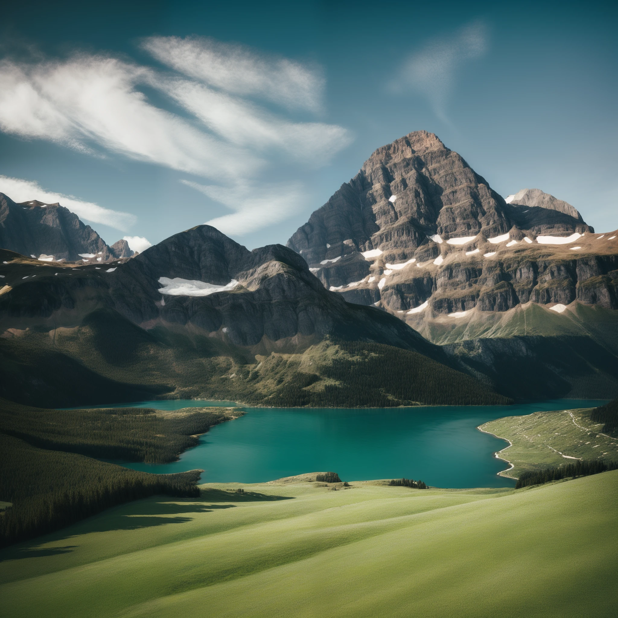 Landscape with a mountain range on the horizon with a plain of grassland detailed landscape