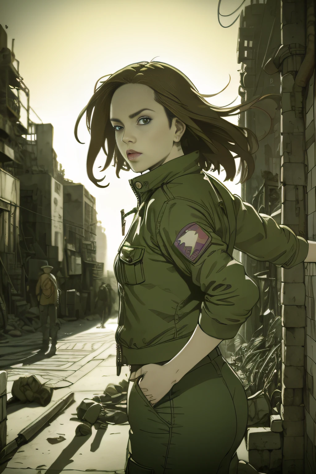 dynamicposes、(comic book style),(linear art_Anime),(masutepiece_Best Quality),(Cowboy Shot),Beautiful fece, (​masterpiece:1.2), (top-quality:1.2), perfect  eyes, face perfect, Perfect litthing, girl with、(jaket_Cargo pants),Background of Cyberpunk City、the complex background、