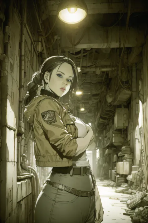 dynamicposes、(comic book style),(linear art_Anime),(masutepiece_Best Quality),(Cowboy Shot),Beautiful fece, (​masterpiece:1.2), (top-quality:1.2), perfect  eyes, face perfect, Perfect litthing, girl with、(jaket_Cargo pants),Background of Cyberpunk City、the...