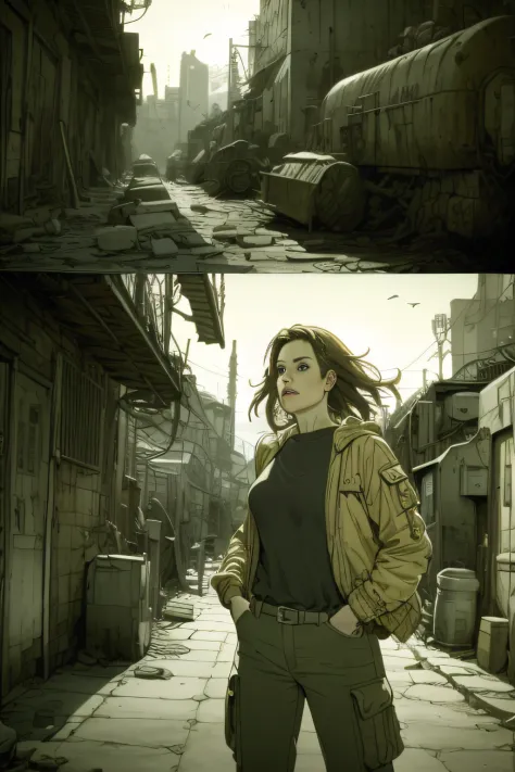 dynamicposes、(comic book style),(linear art_Anime),(masutepiece_Best Quality),(Cowboy Shot),Beautiful fece, (​masterpiece:1.2), (top-quality:1.2), perfect  eyes, face perfect, Perfect litthing, girl with、(jaket_Cargo pants),Background of Cyberpunk City、the complex background、
