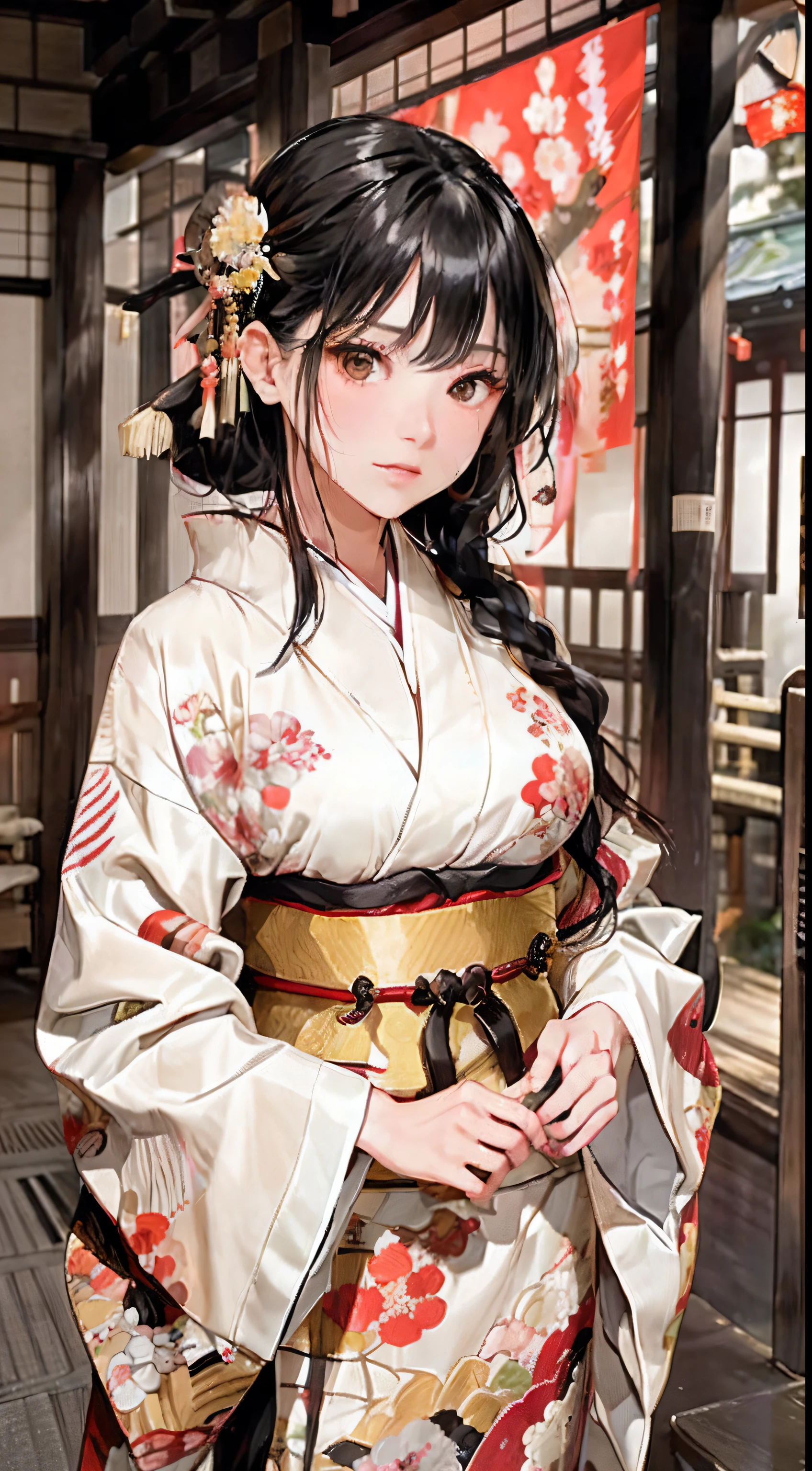 (Oiran:1.4)、1girl in,Black hair fringe long hair、Braided hair、disheveled hair、Light brown eyes、(Extraordinary beauty)、(dignified expression)、(Traditional kimono with colorful and shiny luxury Japan:1.4)、(Big Tits:1.4)、(Photorealsitic)、(intricate detailes:1.2)、(​masterpiece、:1.3)、(top-quality:1.4)、(超A high resolution:1.2)、超A high resolution、(A detailed eye)、(detailed facial features)、Wearing kimono_Clothes、(Fantastic night:1.4)、cherry trees、Big Moon、Five-storied Pagoda、Japan Temple