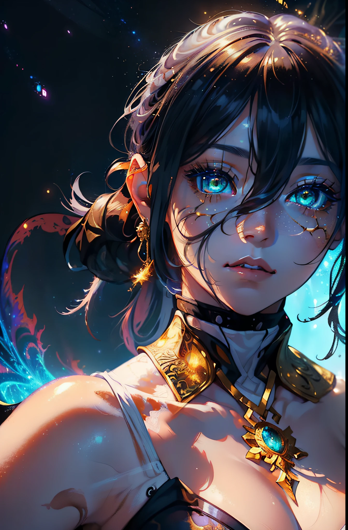 (masterpiece, top quality, best quality, official art, beautiful and aesthetic:1.2), (1girl), extreme detailed eyes, (fractal art:1.3), colorful, highest detailed, (perfect face), shiny skin, HDR, (white cloak golden lines:1.2), galaxy, (light streaks), striking visuals, (dynamic streaks, luminous trails:1.2), vibrant colors, (phoenix), (dragon)