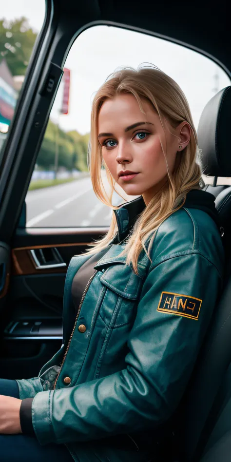 Meisterwerk, Beautiful blonde german girl ((Sitzen im Auto, Outfit aus rotem Leder)), Beleuchtung bei Sonnenuntergang, Wohnquart...