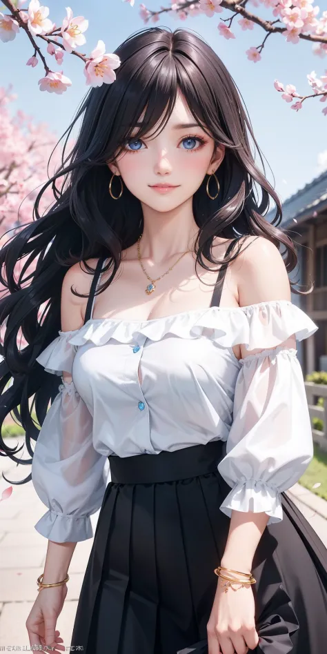 She is very beautiful and has perfect medium breasts, ((long black wavy hair, hair over one eye)) light blue eyes (detailed background), detailed landscape, 1girl, solo, looking at viewer, smile, skirt, shirt, neckline, bare shoulders, jewelry, collarbone,...