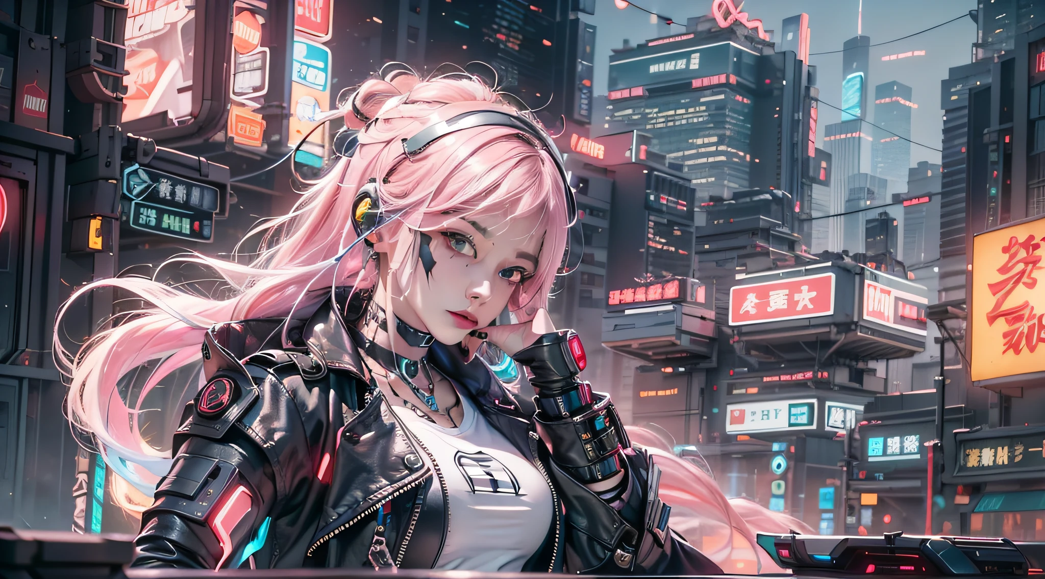 [Ultra-detailed realistic images], [​masterpiece], Cyberpunk girl with short and pointed pink hair, Bright green eye and neck circuit tattoo. She wears a black leather coat with neon accents, Torn white blouse, Gray jeans and black boots. She has a bionic arm with metal claws and a neural interface implant in her right temple. She holds a laser pistol in her left hand.、Hold a holographic device in your right hand. She is on the busy streets of a futuristic city, Surrounded by skyscrapers, Huge dough, Flying cars and people of different styles and ethnicities々. She has a confident and defiant look, As if ready to face danger.