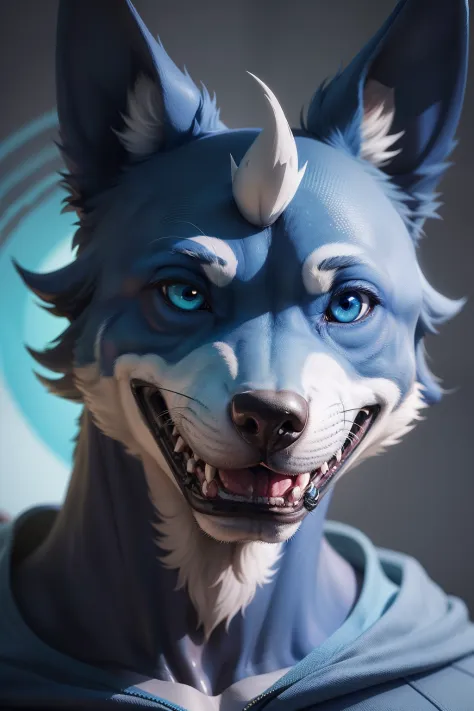a close up of a happy blue dog head with a green nose, big parple cartoon eyes blue dog, normal map morphing dog head, discord profile picture, blue face animation character, anthropomorphic wolf 3000x3000