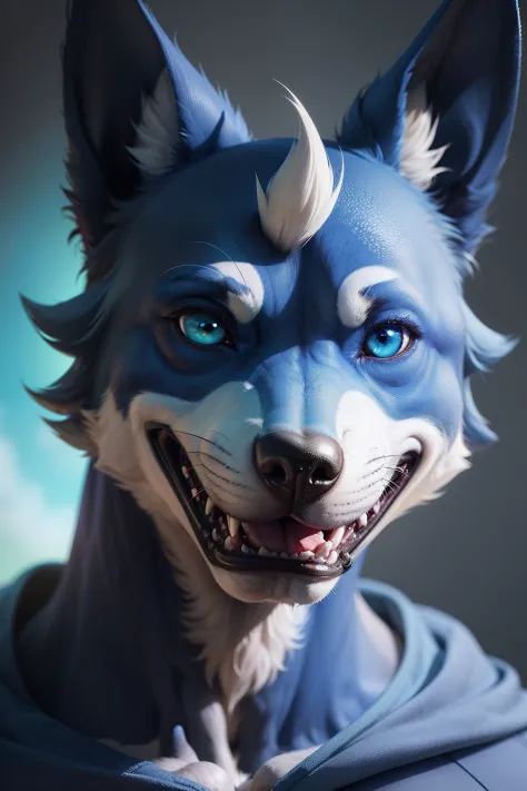a close up of a happy blue dog head with a green nose, big parple cartoon eyes blue dog, normal map morphing dog head, discord profile picture, blue face animation character, anthropomorphic wolf