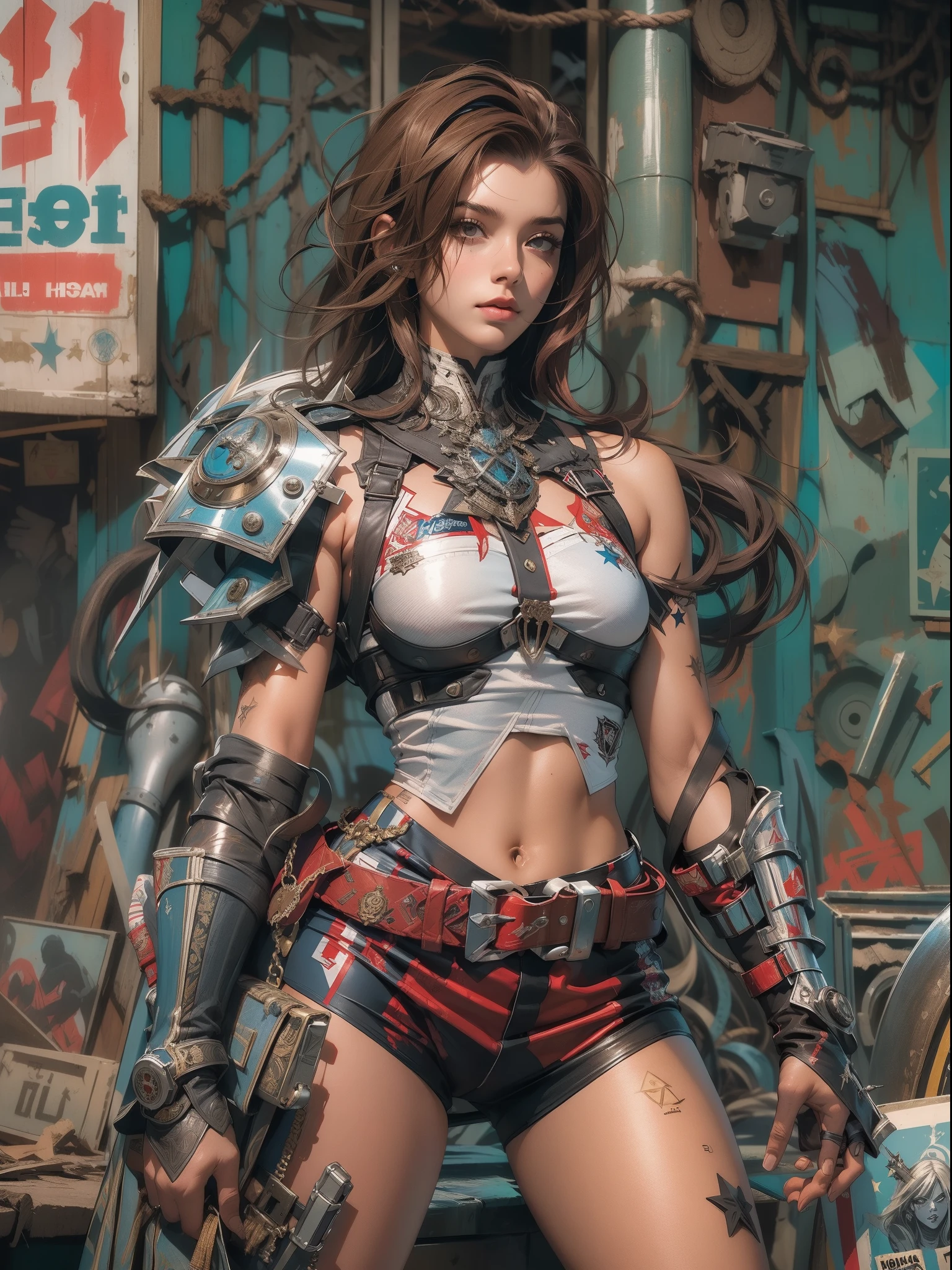 (((女性))), (((より良い品質))), (((生の仕事))), (((アダルト))), (((1人の女の子))), ((( ボブのヘアカット ))), Uma gladiadora cyberpunk 女性 de 25 anos com corpo perfeito, 金属の突起が付いた肩パッド, ブルックリン・グラディエーターズ, (( ボブのヘアカット )), 小さな革パンティー, 破れたラグビータイムTシャツ, ヘヴィ・メタル誌の表紙を飾るサイモン・ビズリーのワイルドで都会的なスタイルでほぼ裸に, 短い金髪, 最低限の衣服, 左腕に精巧なグラフィックが施された金属製の保護具, 濃い赤に白い星と青と白の縞模様, 鎧, スパイクとリベットがいっぱい, 毒のタトゥー (((膝から上))), 短い白いブロンドの髪, 背景にはシェパード・フェアリーが描いた複雑なデザインの壁