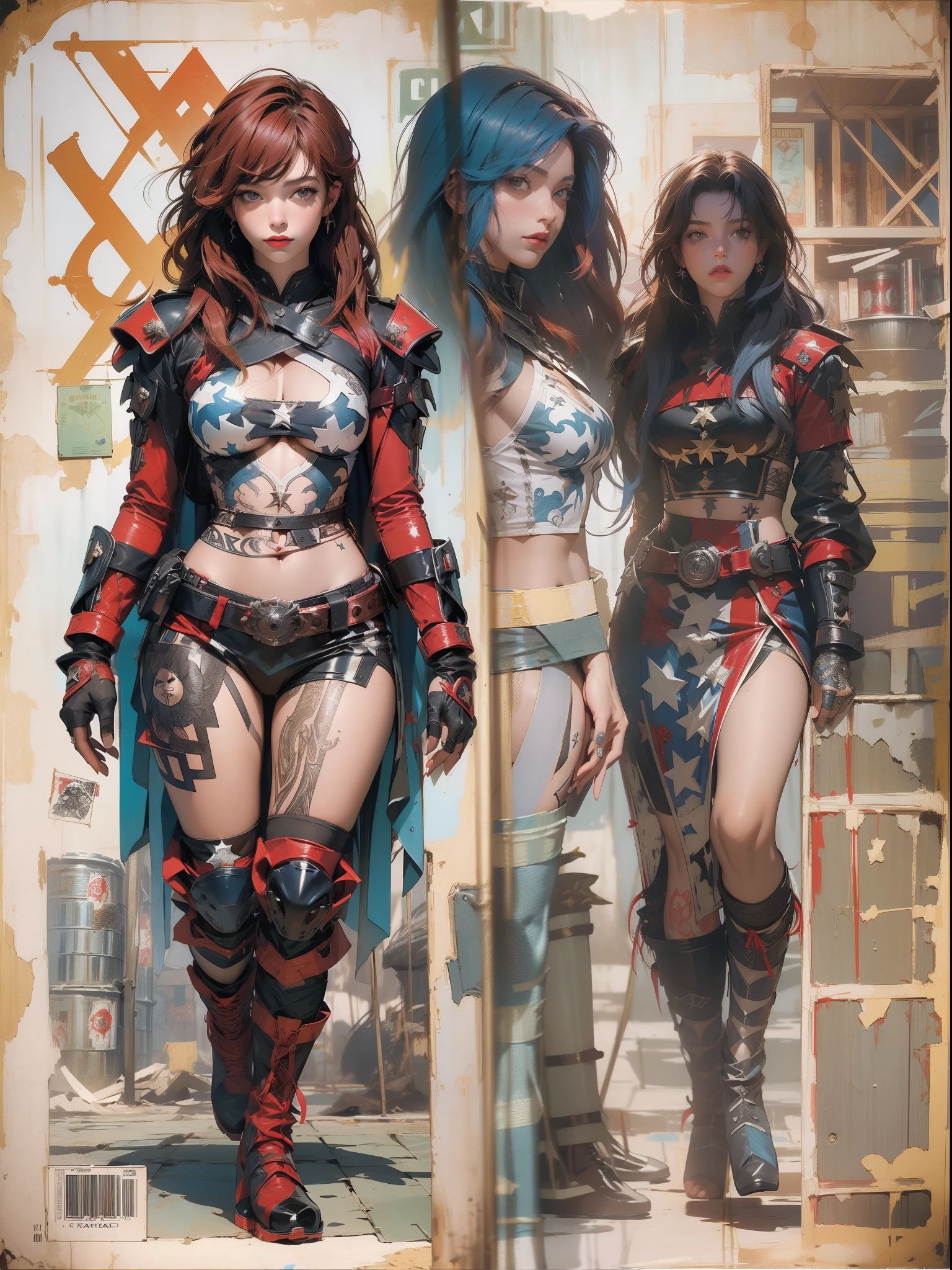 (((女性))), (((より良い品質))), (((生の仕事))), (((アダルト))), (((1人の女の子))), ((( ボブのヘアカット ))), Uma gladiadora cyberpunk 女性 de 25 anos com corpo perfeito, 金属の突起が付いた肩パッド, ブルックリン・グラディエーターズ, (( ボブのヘアカット )), 小さな革パンティー, 破れたラグビータイムTシャツ, ヘヴィ・メタル誌の表紙を飾るサイモン・ビズリーのワイルドで都会的なスタイルでほぼ裸に, 短い金髪, 最低限の衣服, 左腕に精巧なグラフィックが施された金属製の保護具, 濃い赤に白い星と青と白の縞模様, 鎧, スパイクとリベットがいっぱい, 毒のタトゥー (((膝から上))), 短い白いブロンドの髪, 背景にはシェパード・フェアリーが描いた複雑なデザインの壁