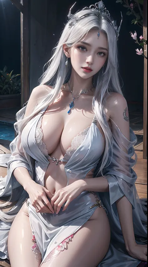 Photorealistic, high resolution, Soft light,1womanl, Solo, hips up high, glistning skin, (Detailed face),Tattooed with, jewelry, Wedding transparent hanfu, cherry blossom, Night, White wavy hair, Beautiful soldiers, Invite the eyes of the audience, Lover's...