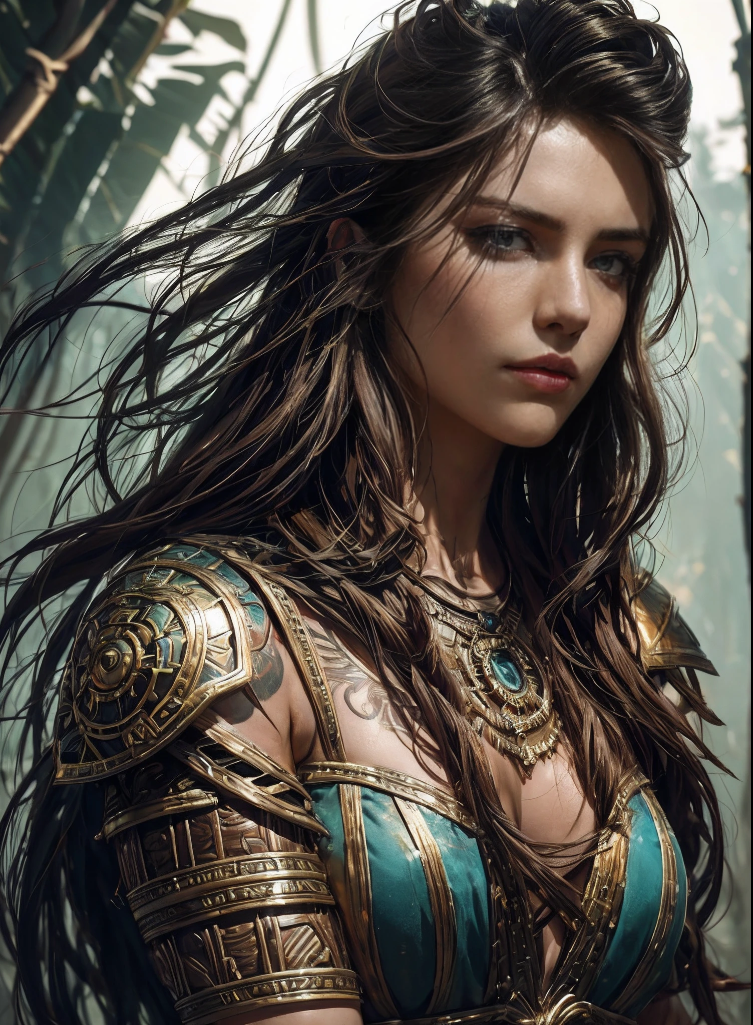 ((Top Quality: 1.4))), (Unparalleled Masterpiece), (Ultra High Definition), (Art by Carne Griffiths), (Ultra-Realistic 8k CG), official art, hands on head, viewed from below, (Dark Shot), Beautiful gladiator, highly detailed armor and Gauntlets, messy Hair, beautiful cleaned face, muscular_body:1.4, tanned skin:1.2, half body image from head to thigh, many tribal tattoos on body, curvy body:1.2, ancient Rome city background, sunlight makes beautiful gradient of shadow and adds depth to image, (muted colors, dim colors, muted tones: 1.3), low saturation, (hyper detail: 1.2), perfect anatomy,1,