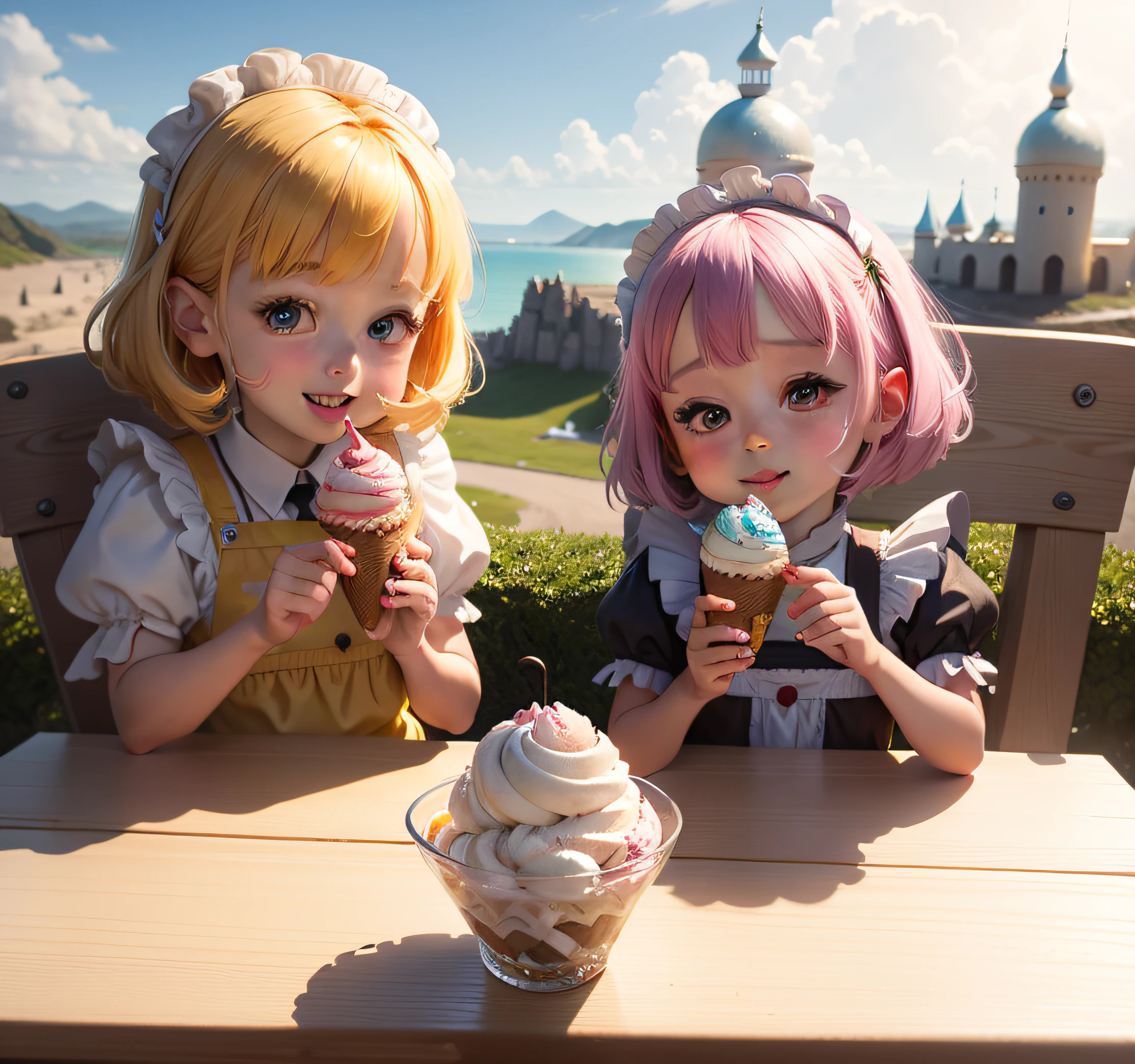 Sunny ice cream castle Two happy little girls eat delicious ice cream