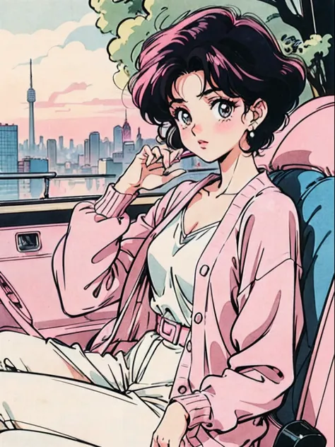 Boy with short hair、A dark-haired:1.2),(Pink costume:1.1),(Vintage 90s:1.1),(Romance Anime Style:1.3), Sitting in a pink car, Pink cardigan, Black hair, lipgloss, cigarette