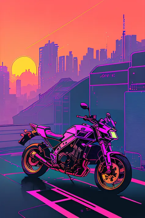 (nvinkpunk:1.2) SNTHWVE style motorcycle、lightwave、the sunset、iintricate、The is very detailed