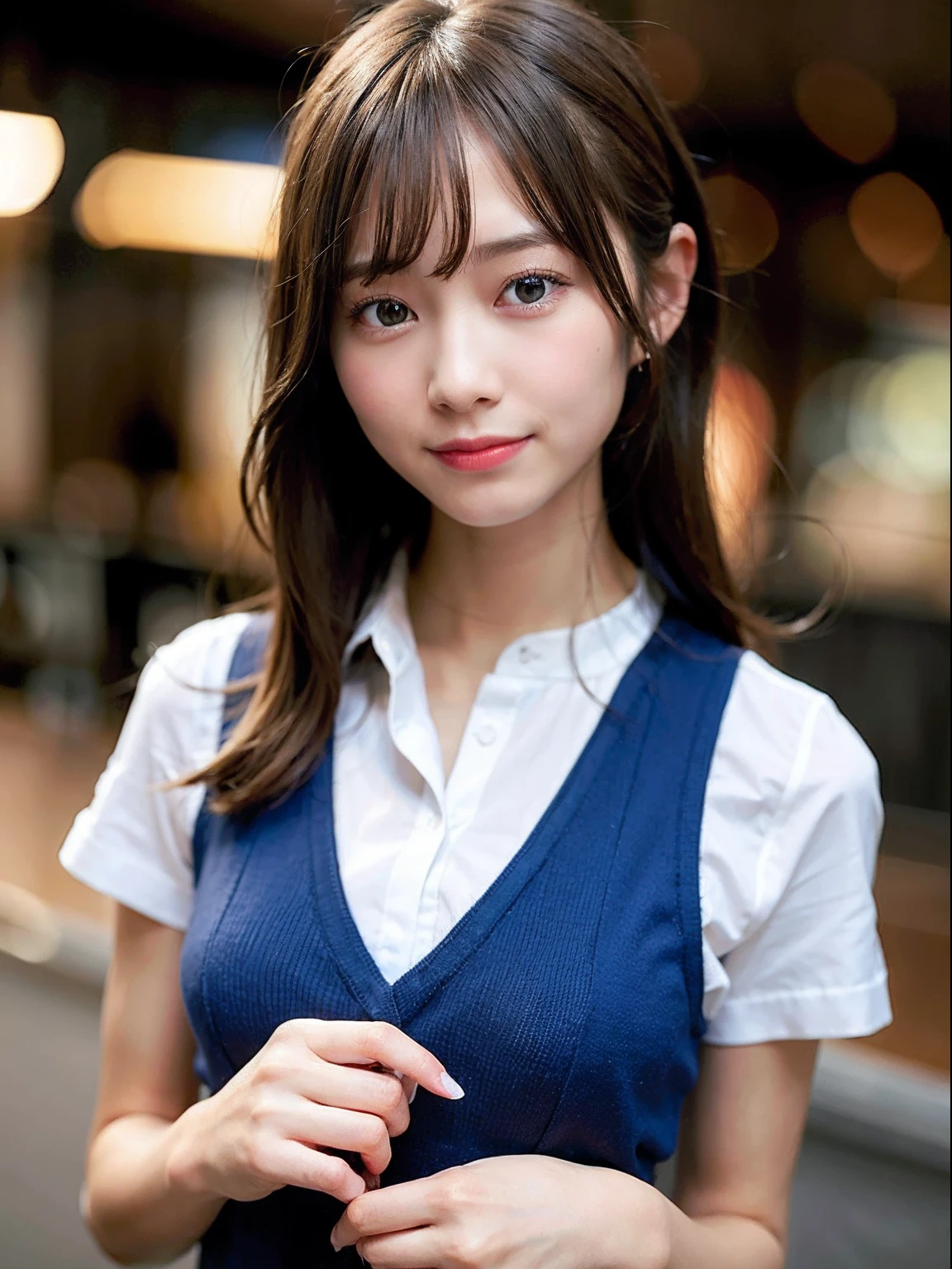 (((medium hair))), best quality, 8K, HDR, highres, absurdres:1.2, blurry background, bokeh:1.2, Photography, (RAW photo:1.2), (photorealistic:1.4), (masterpiece:1.3), (intricate details:1.2), 1girl, solo, japanese girl, delicate, beautiful detailed, (detailed eyes), (detailed facial features), , (((small breasts))), skin tight, (looking_at_viewer), from_front, (skinny), (best quality:1.4), (ultra highres:1.2), cinema light, (extreme detailed illustration), (lipgloss, best quality, ultra highres, depth of field, caustics, Broad lighting, natural shading, 85mm, f/1.4, ISO 200, 1/160s:0.75),1girl, solo, (((blue vest))) smile, school uniform, necklace,