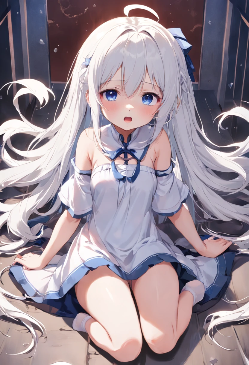 Cute ，long whitr hair，Leaky shoulders，Barefoot，head looking up，Lie on the ground，Raise your feet，shift dresses，white  panties，largeeyes，Anime cute face，，long white socks