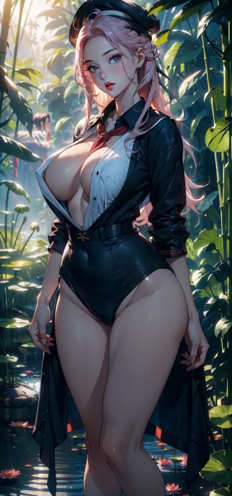 1womanl，43 yeas old，A MILF，熟妇，Huge breasts，Big breasts Thin waist，long leges，plumw，Raised sexy，Pornographic exposure， 独奏，Combat posture，（Background with：Deep in the bamboo forest，Ground area water，lotuses，lotus flower，the rainforest，）Snow-white skin， She h...