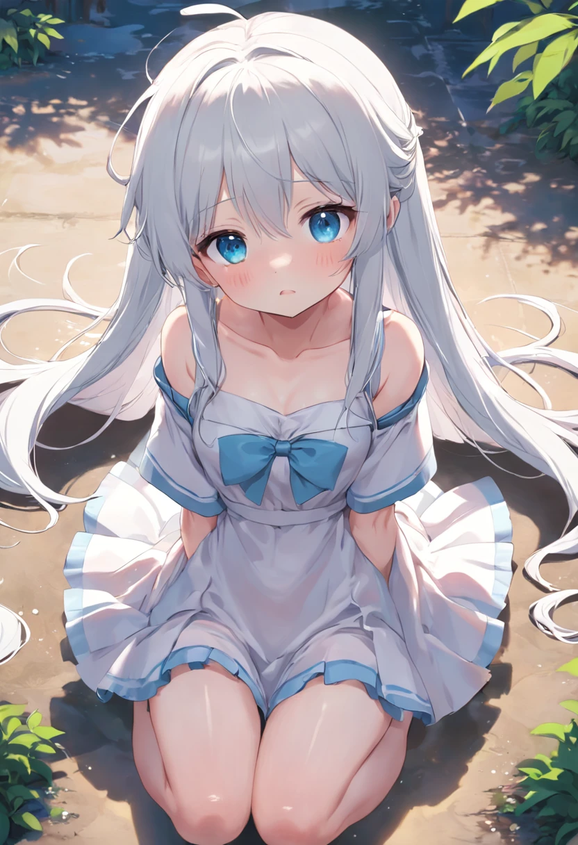 Cute loli，long whitr hair，Leaky shoulders，Barefoot，head looking up，Lie on the ground，Raise your feet，shift dresses，white  panties，largeeyes，Anime cute face，Loli，long white socks，Wet da