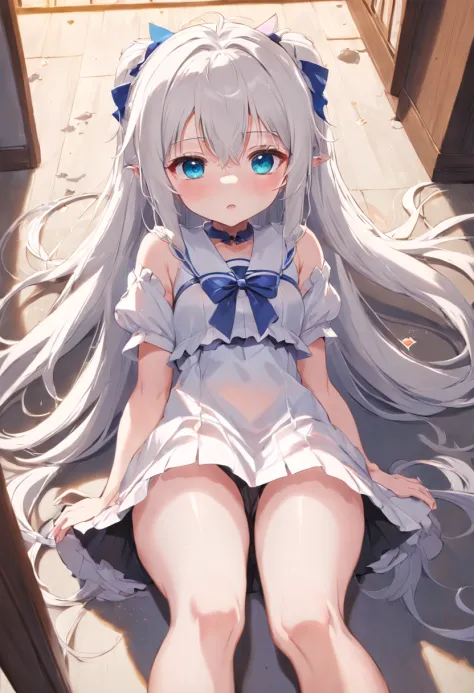 Cute loli，long whitr hair，Leaky shoulders，Barefoot，head looking up，Lie on the ground，Raise your feet，shift dresses，white  panties，largeeyes，Anime cute face，Loli，long white socks，Lift the skirt，huge tit