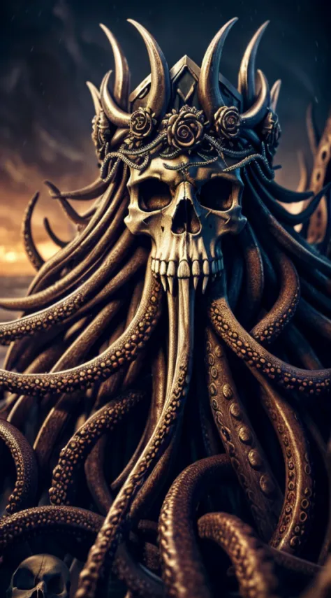 (extremely detailed CG unity 16k wallpaper:1.1), (Denoising strength: 1.45), (tmasterpiece:1.37), skull, Tentacles, Bone crown, Octopus, Lovecraft, Aesthetics, Hermeus Mora, Cinematic, Realism, High quality, High quality