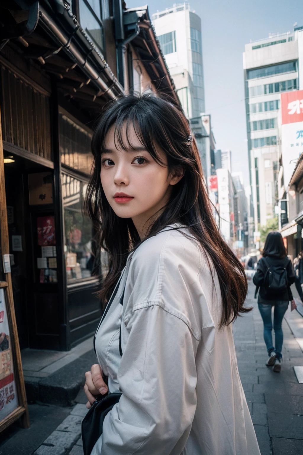 (masutepiece 、Best Quality 、HDR UHD 、Professional)、(Photorealsitic:1.4)、1girl in、A Japanese Lady、Natural light、(Looking at Viewer:1.331)、Posing、on tokyo street､Looks fun、Levi's501、