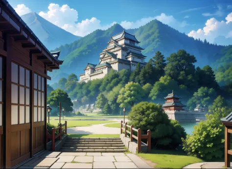 Anime scene,image of a japanese castle,shinkai makoto artstyle