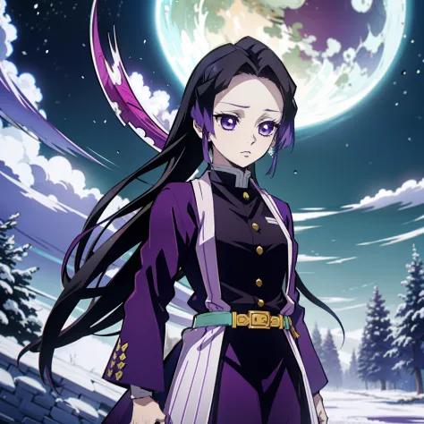 Kimetsu no Yaiba style, 1 girl, a hashira, pretty, purple hair, gentle, elegant, calm, noble, Pillar Demon Slayer, wearing demon...