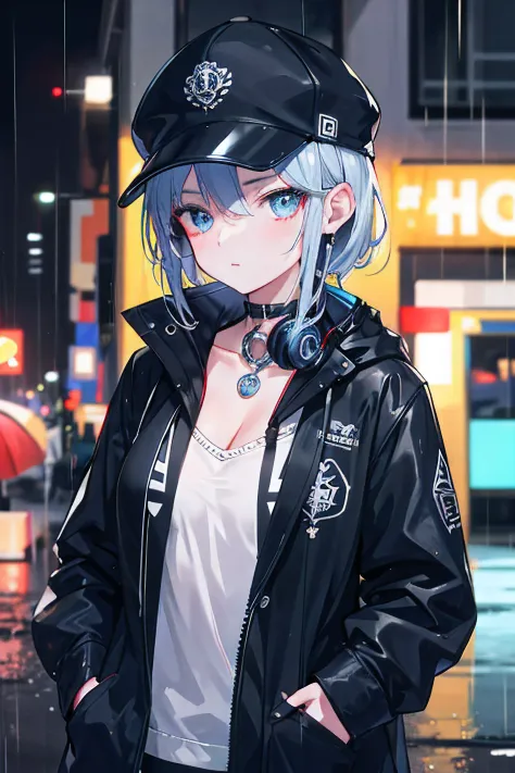 1girl，nightcity，rainy evening，Wear a cap，Earphone，Hold the umbrella with your left hand in your pocket and your right hand, Royal sister， pretty cool， Arrogant personality，closeup cleavage， 8k， RAW photos， best qualtiy， tmasterpiece