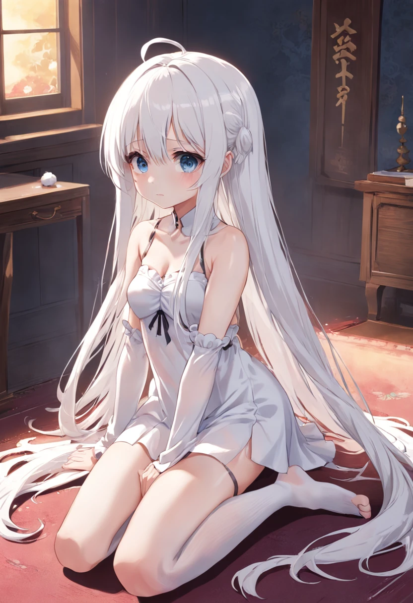 Cute ，long  white hair，white  panties，white dresses，Kneeling on the carpet is，largeeyes，long white socks，Barefoot，Leaky shoulders