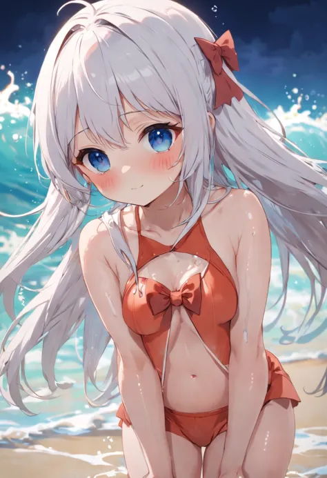 Cute loli，swimming uniform，beachside，long  white hair，Wet da，is shy，Be red in the face