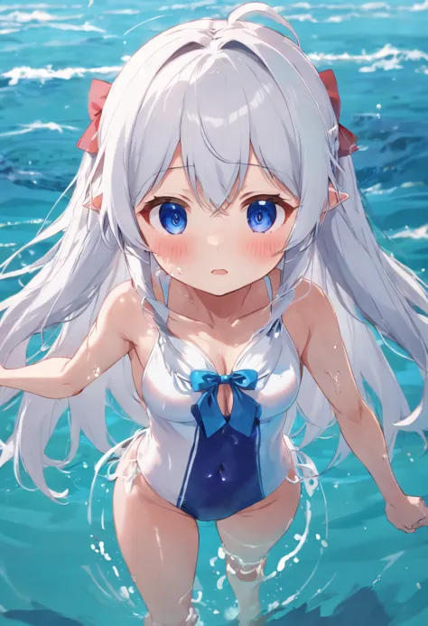 Cute loli，swimming uniform，beachside，long  white hair，Wet da，is shy，Be red in the face，white swimsuits