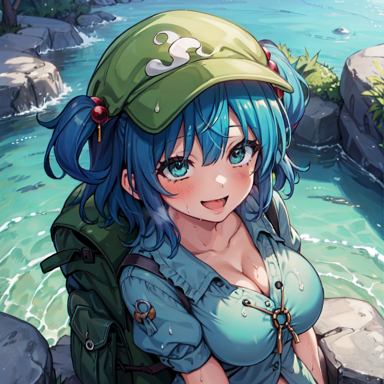 (masutepiece, Best Quality:1.2), POV,From  above, Solo, 1girl in, Kawashiro Nitori,Happy smile, two side up, hair bobbles, Hair Ornament, green headwear, Shirt, Puffy Short Sleeves, skirt set, pockets, keys, backpack, Outdoors,River,Nature,Ahegao,Vulgar,(large breasts:1.5),Wet,steam,(ahegao:1.2),nsfw
