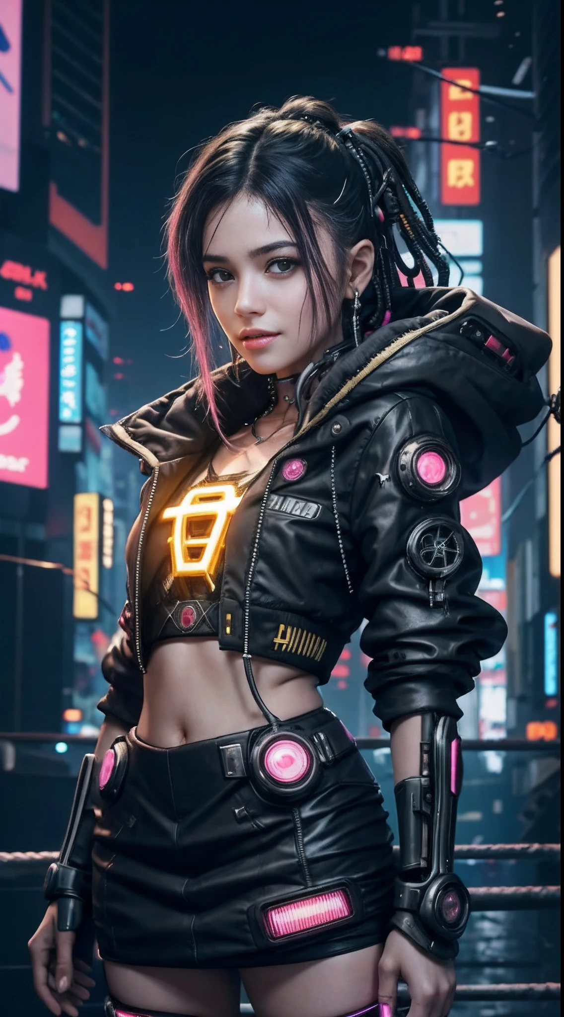 unreal engine:1.4,UHD,The best quality:1.4, photorealistic:1.4, skin texture:1.4, Masterpiece:1.8, 1 chica Cyberpunk, black hair, shiny skin, 1 Yellow Mechanical Girl, (Super realistic details)), whole body, global ilumination, contrast, In the shade, octane rendering, ultrasharp, exposed cleavage, raw skin,miniskirt yellow, Metal,Intricate yellow decoration details, Japan details, Highly detailed intricate, realistic light, Trends in CG, in front of camera, neon details, mechanical limbs, Blood Vessels Attached to Tubes, Mechanical vertebrae attached to the back, mechanical cervical attachment to the neck, wires and cables that connect to the head, Gundam, small LED lamps.14 Years Old Girl、silver hair、Perfectly round pupils、Iris tremblingﾃﾞｨﾃｰﾙ, light smile,(Cyberpunk:1.3)