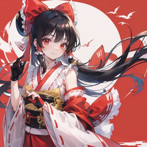 Person in geisha costume with bird isolated on red background, One girl, reimu hakurei, hat, gloves, komono, Solo, Black hair, earrings, Jewelry, Bird, Kimono, Long hair, Black Gloves, beret, Smile , Obi, Obi, Stripes, Looking at the viewer, makeup, Bangs,...