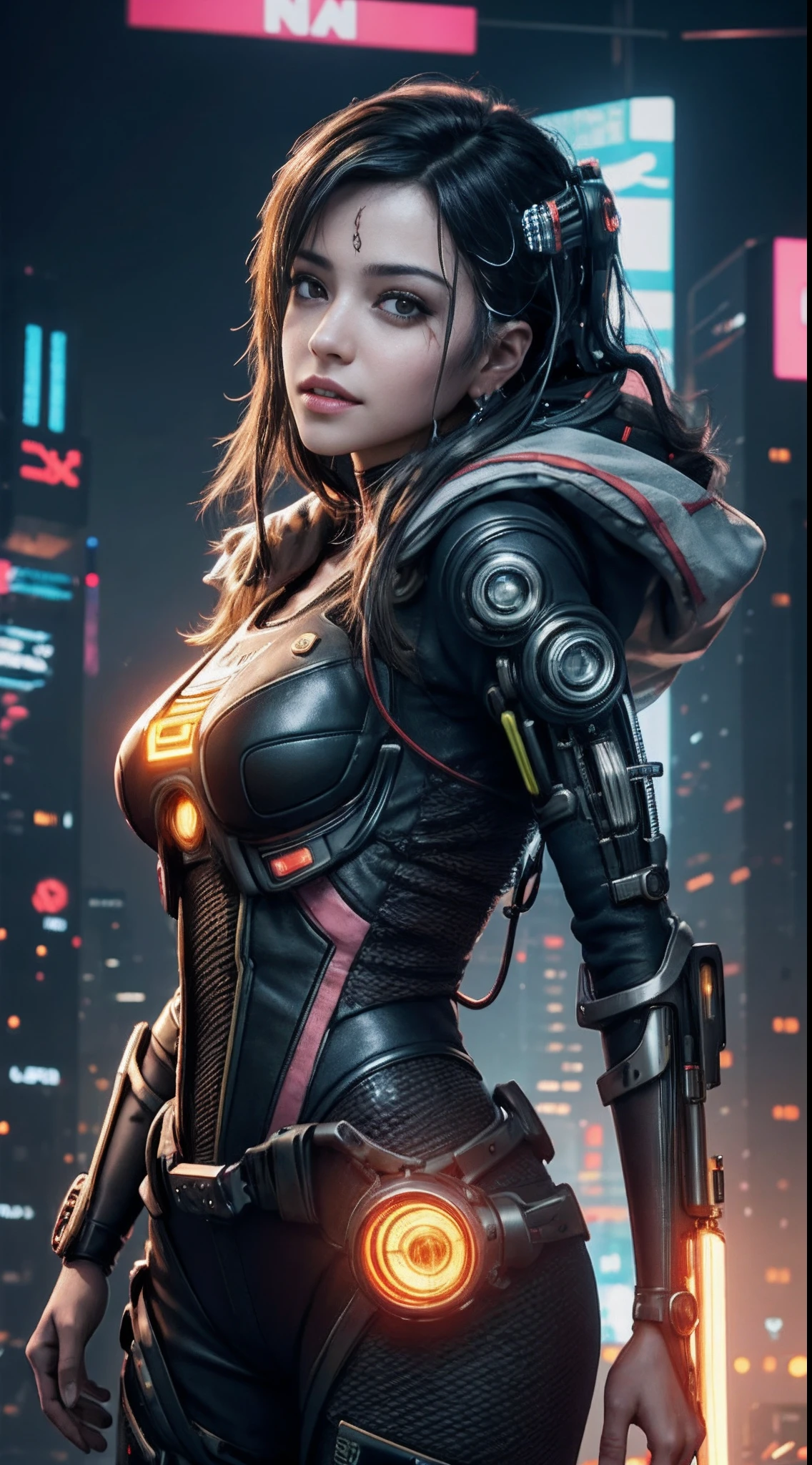 unreal engine:1.4,UHD,The best quality:1.4, photorealistic:1.4, skin texture:1.4, Masterpiece:1.8, 1 chica Cyberpunk, black hair, shiny skin, 1 orange mechanical girl, (Super realistic details)), whole body, global ilumination, contrast, In the shade, octane rendering, ultrasharp, exposed cleavage, raw skin,orange miniskirt, Metal,Intricate yellow decoration details, Japan details, Highly detailed intricate, realistic light, Trends in CG, in front of camera, neon details, mechanical limbs, Blood Vessels Attached to Tubes, Mechanical vertebrae attached to the back, mechanical cervical attachment to the neck, wires and cables that connect to the head, Gundam, small LED lamps.14 Years Old Girl、silver hair、Perfectly round pupils、Iris tremblingﾃﾞｨﾃｰﾙ, light smile,(Cyberpunk:1.3)