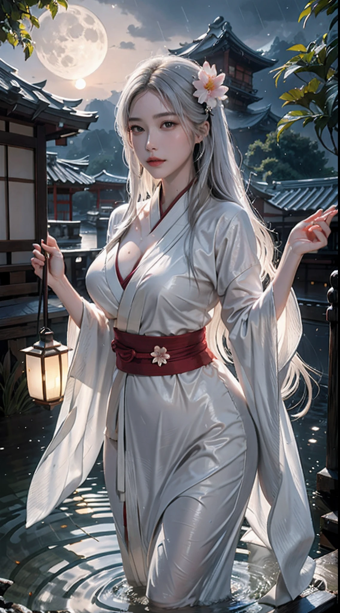 photorealistic, high resolution, soft lights, 1women, solo, hips up, shining skin, (detailed face), long hair, moon, lantern, night, solo, large breasts, hair ornament, wet, kimono, japanese clothes, wading, water, hair flower, flower, outdoors, sky, full moon, rain