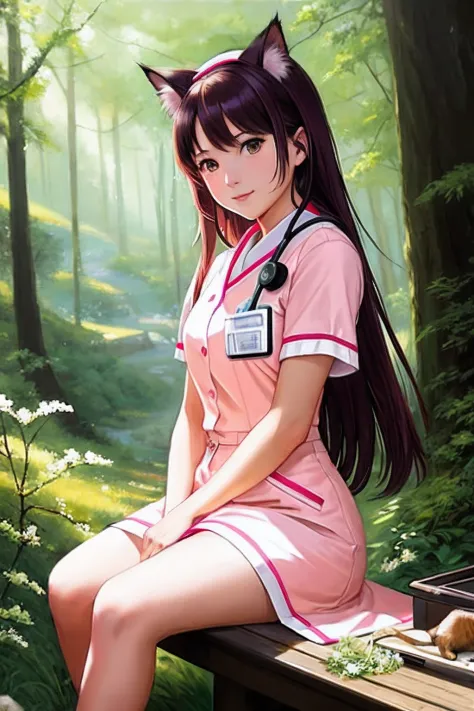 cat ear、nurse、a smile、Pink costume、Nostalgia、A sexy、stethoscope、Full shot body photo of the world's most beautiful artwork featu...