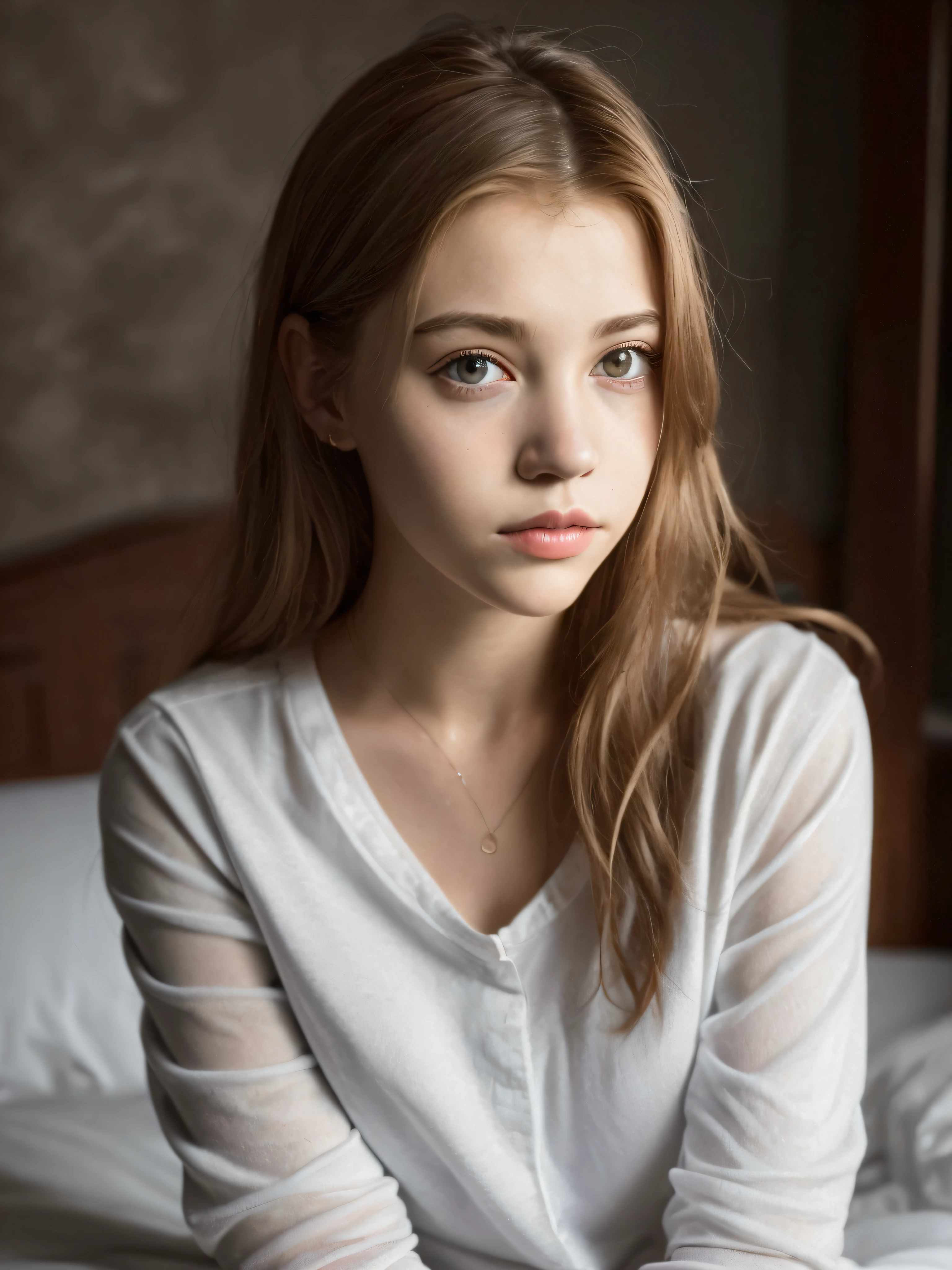 Portrait of an 18 year old cute beautiful perfect face petit teen, she is happy, very beautiful Russian, raw, in bed, (dark private study, dark and moody light: 1.2)