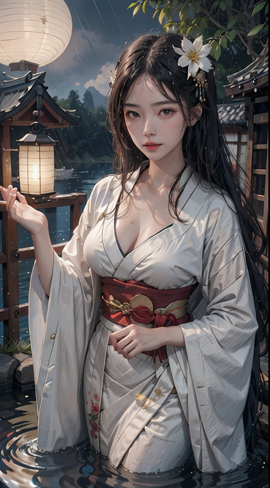 photorealistic, high resolution, soft lights, 1women, solo, hips up, shining skin, (detailed face), long hair, moon, lantern, night, solo, large breasts, hair ornament, wet, kimono, japanese clothes, wading, water, hair flower, flower, outdoors, sky, full moon, rain, uchikake