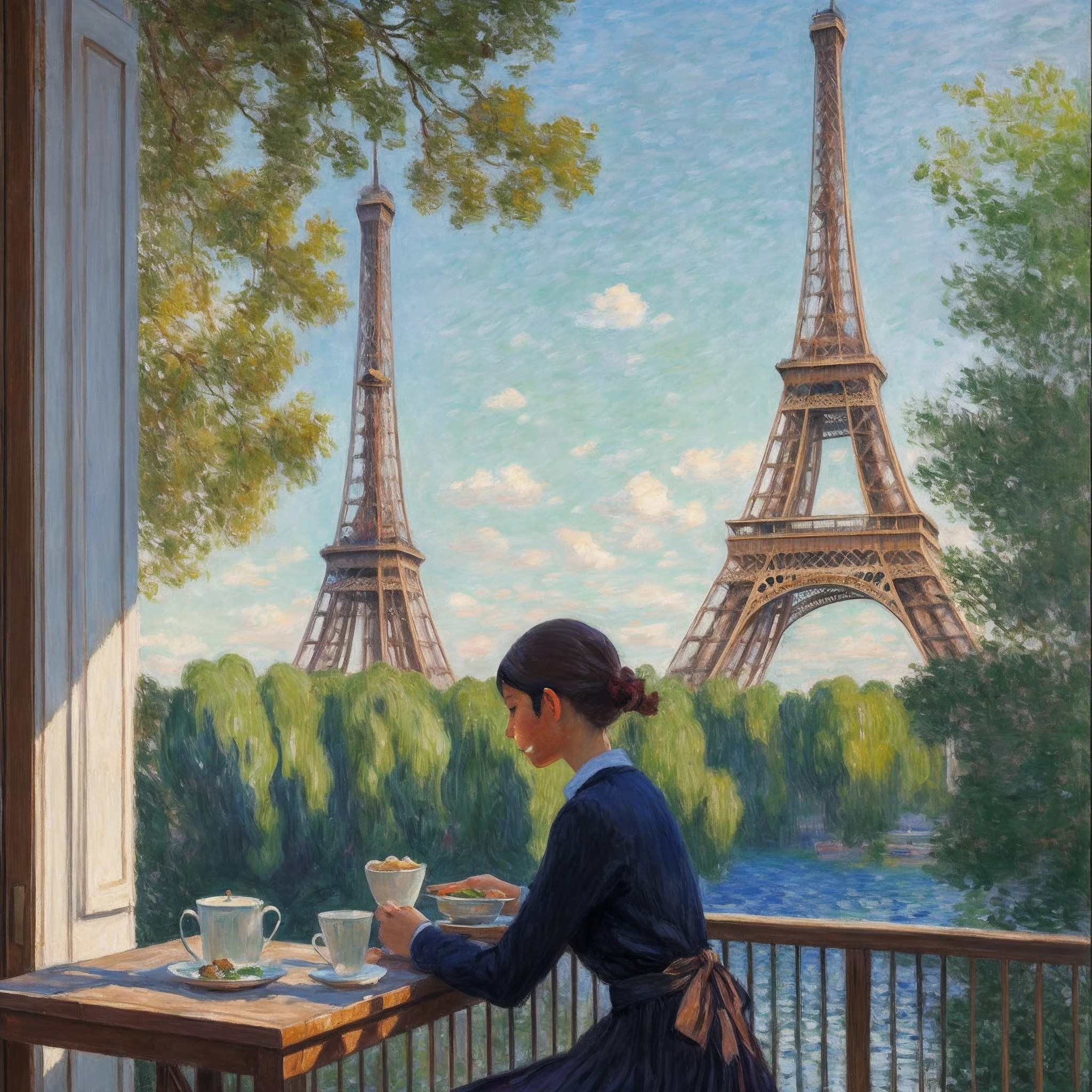 1fille prenant son petit-déjeuner en regardant la Tour Eiffel, Impressionnisme, peinture à l&#39;huile, Beaucoup