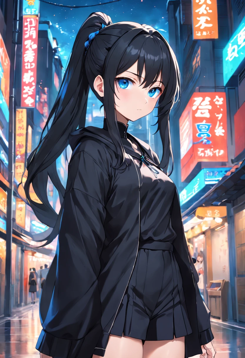 Anime girl in black outfit standing in a city street - SeaArt AI